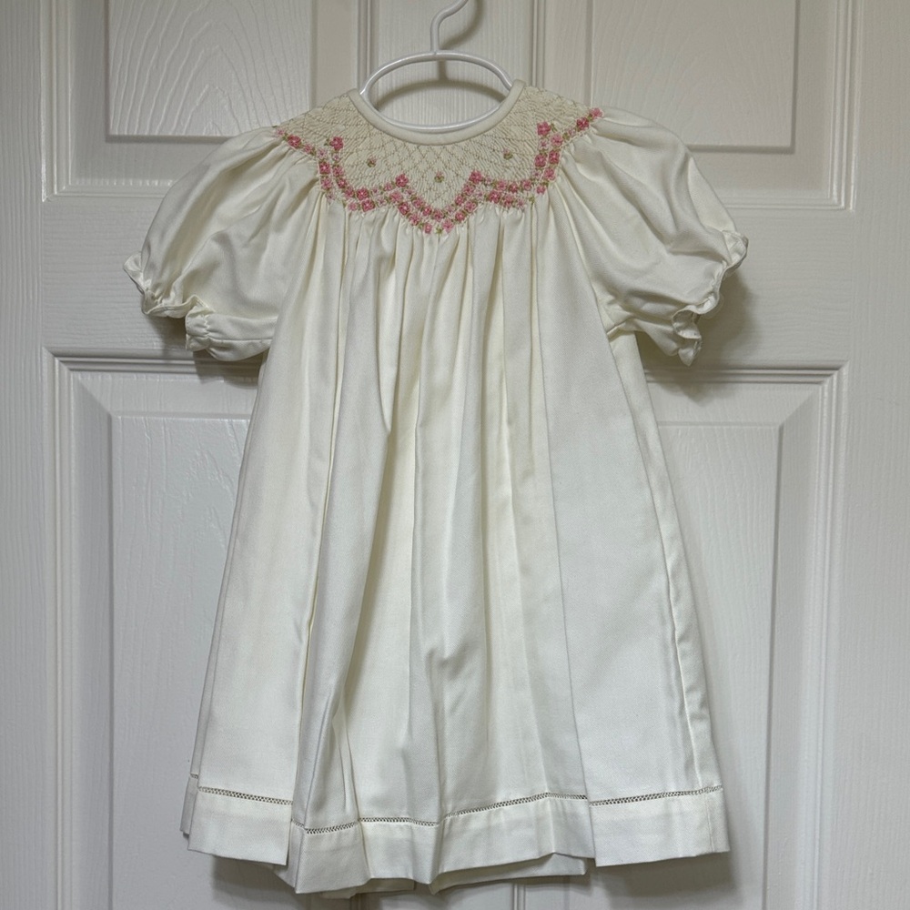 Luli & Me Cream Dress with Pink Smocked Yoke
